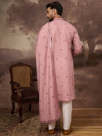 Men Pink Silk Blend Embroidered Straight Kurta Trouser with Dupatta-MKPD1003