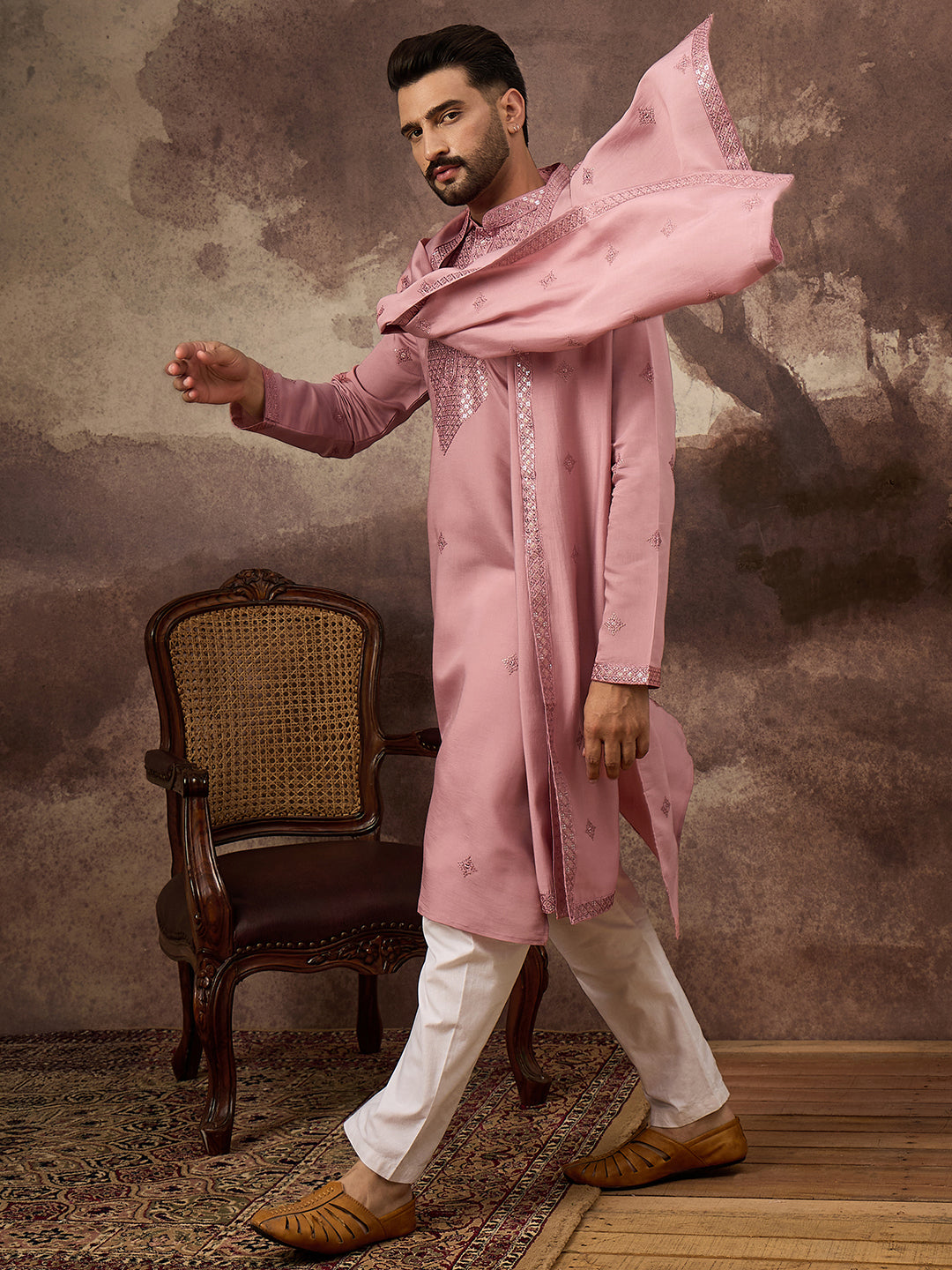 Men Pink Silk Blend Solid Embroidered Straight Kurta with Dupatta-MKUD1003