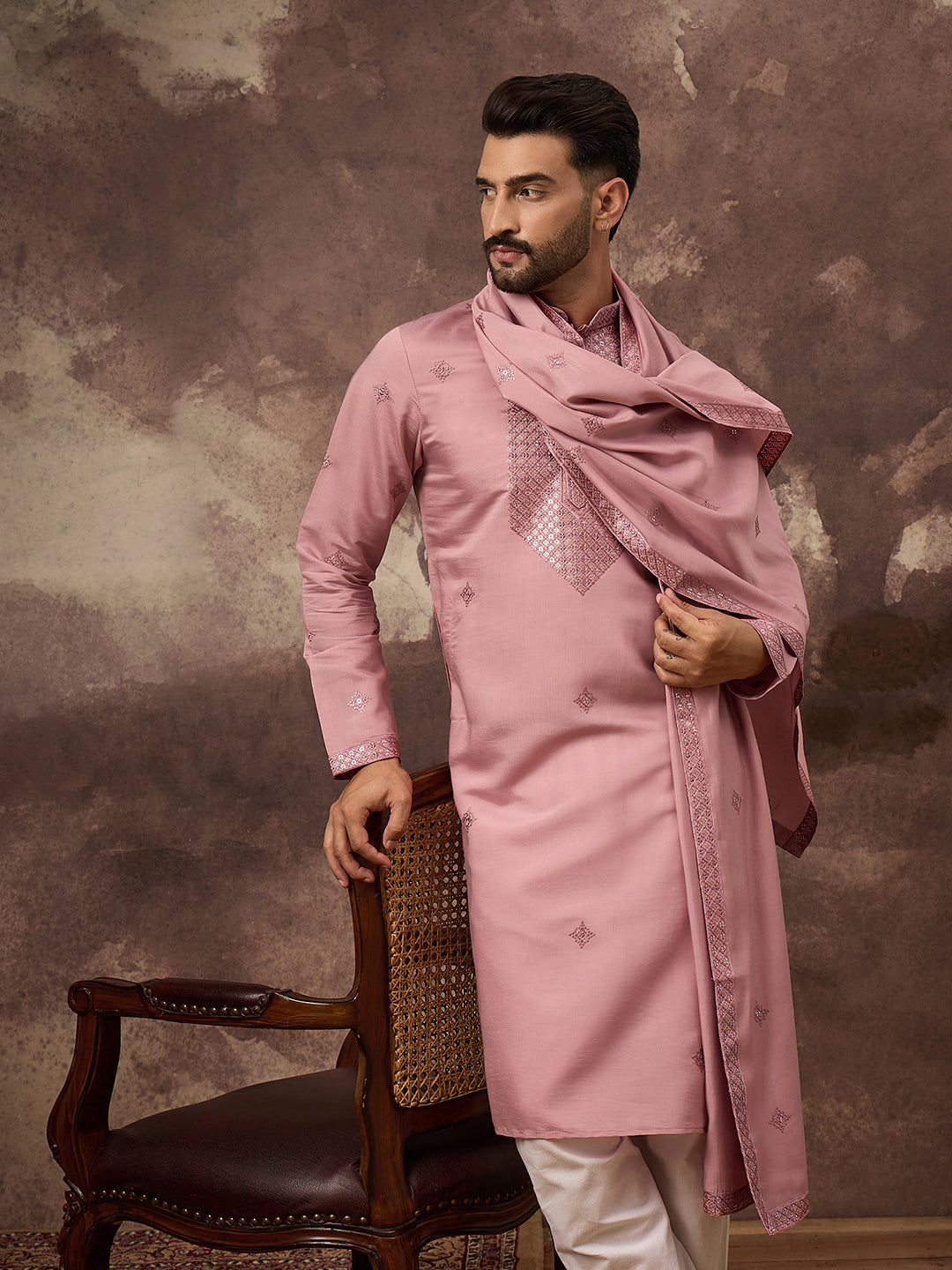 Men Pink Silk Blend Embroidered Straight Kurta Trouser with Dupatta-MKPD1003
