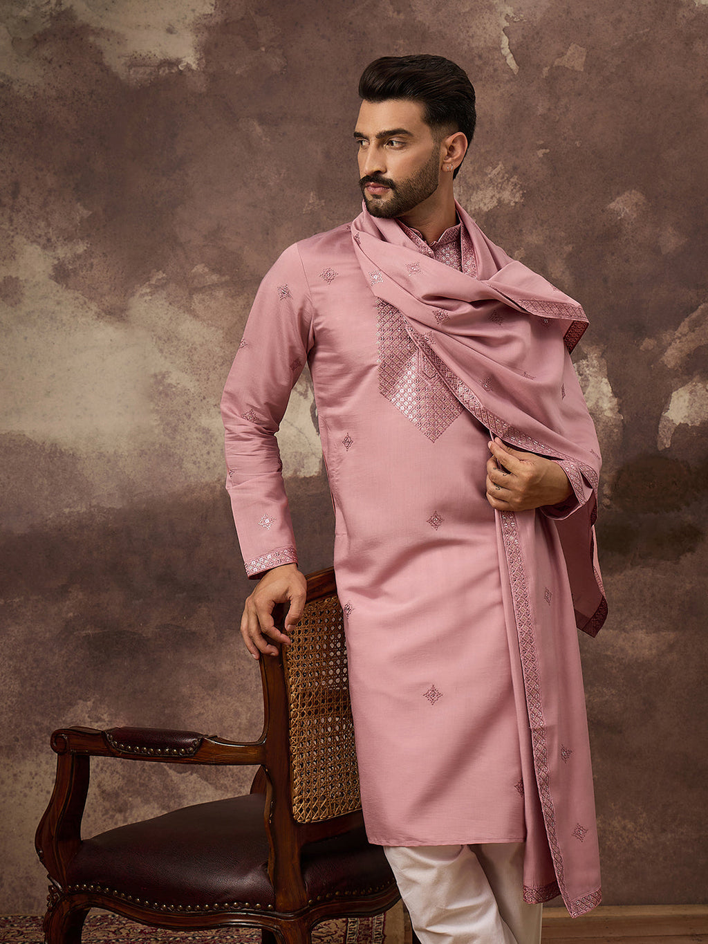 Men Pink Silk Blend Solid Embroidered Straight Kurta with Dupatta-MKUD1003