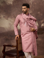 Men Pink Silk Blend Solid Embroidered Straight Kurta with Dupatta-MKUD1003