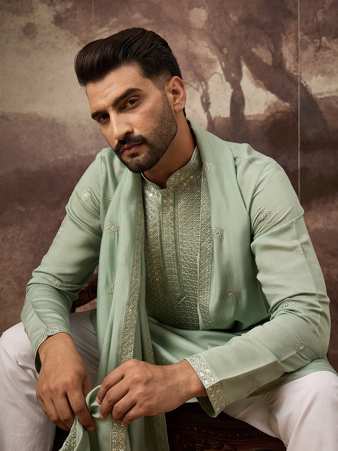 Men Green Silk Blend Embroidered Straight Kurta Trouser with Dupatta-MKPD1004