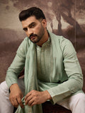 Men Green Silk Blend Solid Embroidered Straight Kurta with Dupatta-MKUD1004