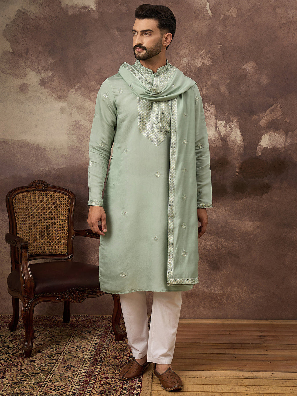 Men Green Silk Blend Embroidered Straight Kurta Trouser with Dupatta-MKPD1004