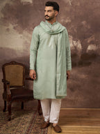 Men Green Silk Blend Embroidered Straight Kurta Trouser with Dupatta-MKPD1004