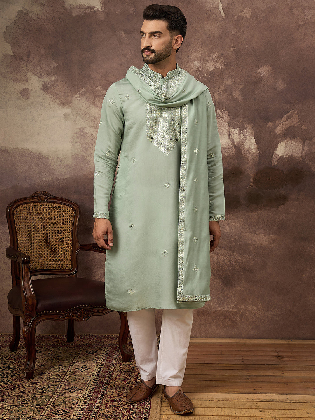 Men Green Silk Blend Embroidered Straight Kurta Trouser with Dupatta-MKPD1004