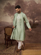 Men Green Silk Blend Embroidered Straight Kurta Trouser with Dupatta-MKPD1004
