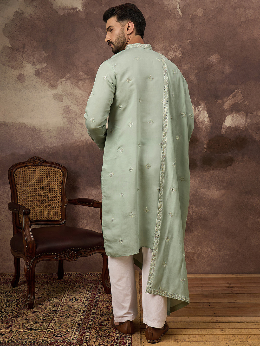 Men Green Silk Blend Embroidered Straight Kurta Trouser with Dupatta-MKPD1004