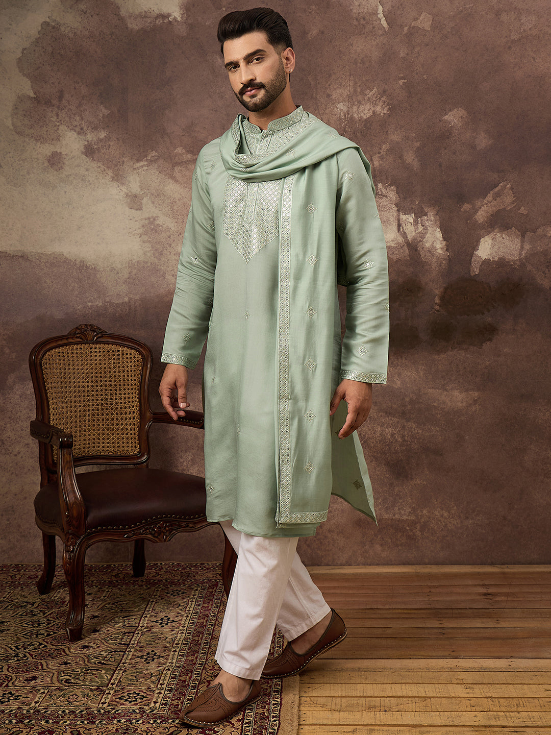 Men Green Silk Blend Solid Embroidered Straight Kurta with Dupatta-MKUD1004