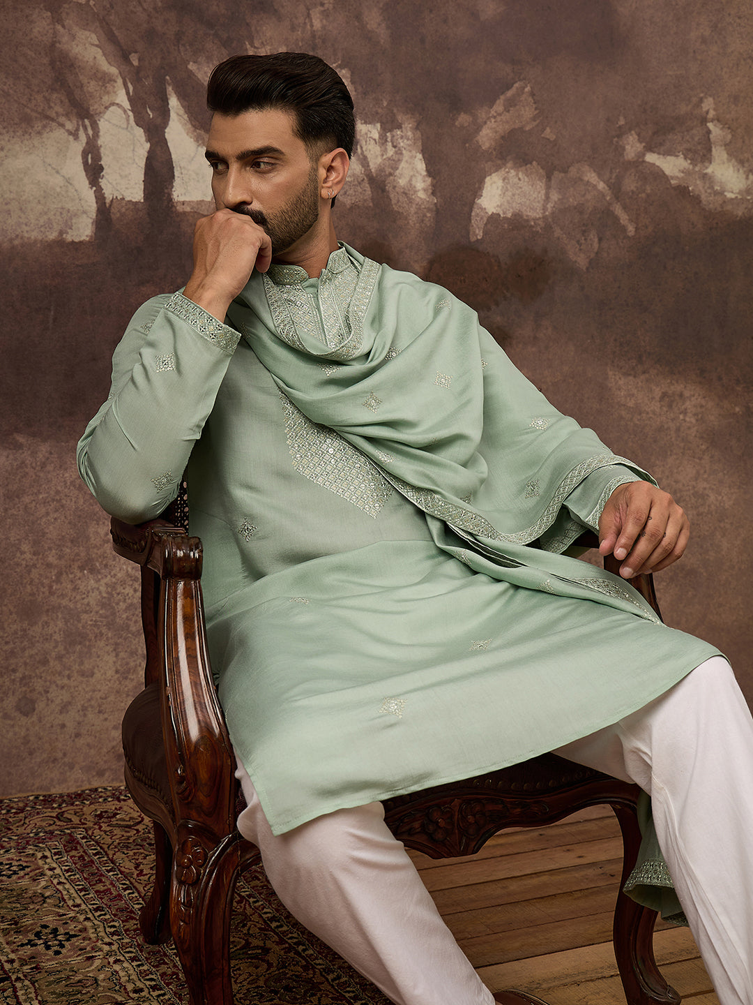 Men Green Silk Blend Embroidered Straight Kurta Trouser with Dupatta-MKPD1004