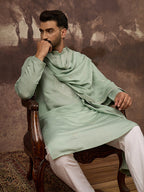 Men Green Silk Blend Solid Embroidered Straight Kurta with Dupatta-MKUD1004