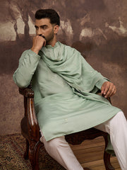 Men Green Silk Blend Embroidered Straight Kurta Trouser with Dupatta-MKPD1004