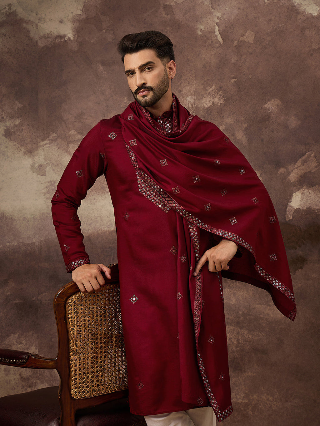 Men Maroon Silk Blend Embroidered Straight Kurta Trouser with Dupatta-MKPD1005