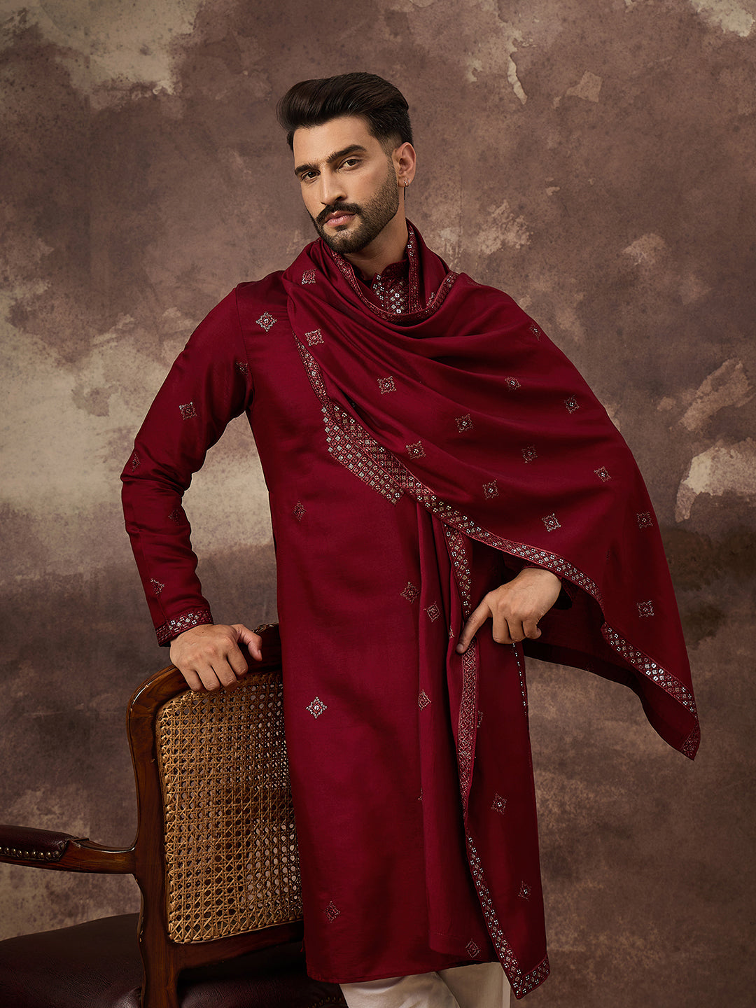 Men Maroon Silk Blend Embroidered Straight Kurta Trouser with Dupatta-MKPD1005