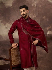 Men Maroon Silk Blend Solid Embroidered Straight Kurta with Dupatta-MKUD1005