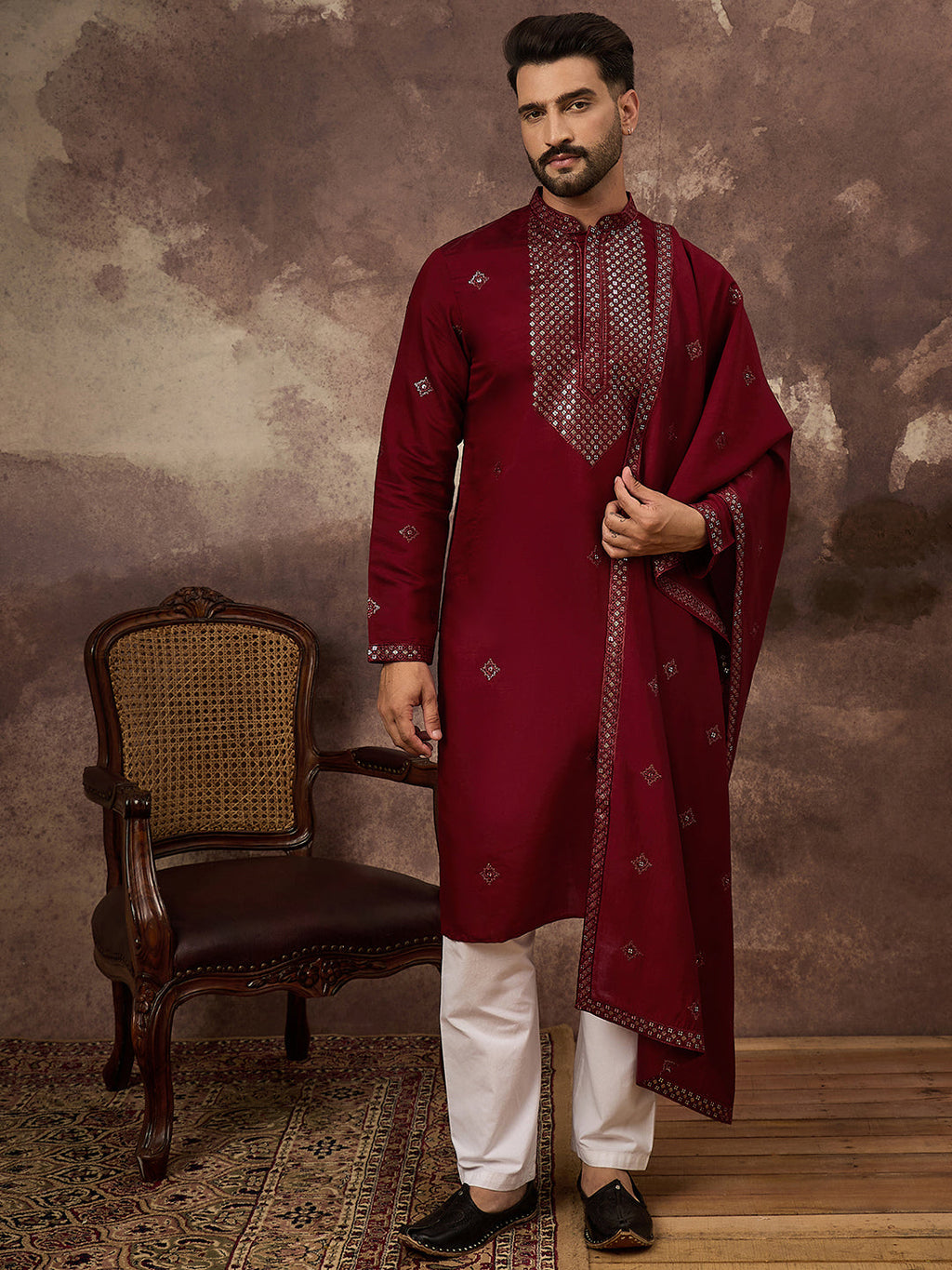 Men Maroon Silk Blend Embroidered Straight Kurta Trouser with Dupatta-MKPD1005