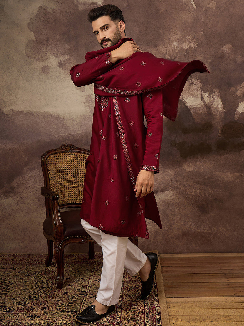 Men Maroon Silk Blend Embroidered Straight Kurta Trouser with Dupatta-MKPD1005