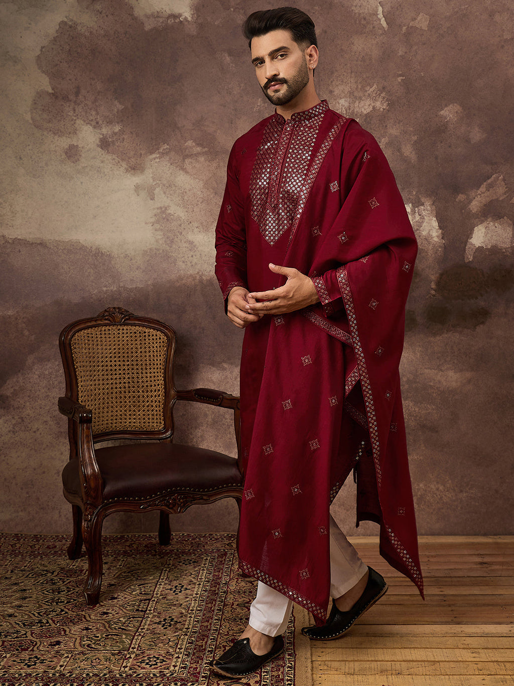 Men Maroon Silk Blend Embroidered Straight Kurta Trouser with Dupatta-MKPD1005