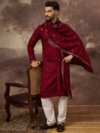 Men Maroon Silk Blend Embroidered Straight Kurta Trouser with Dupatta-MKPD1005