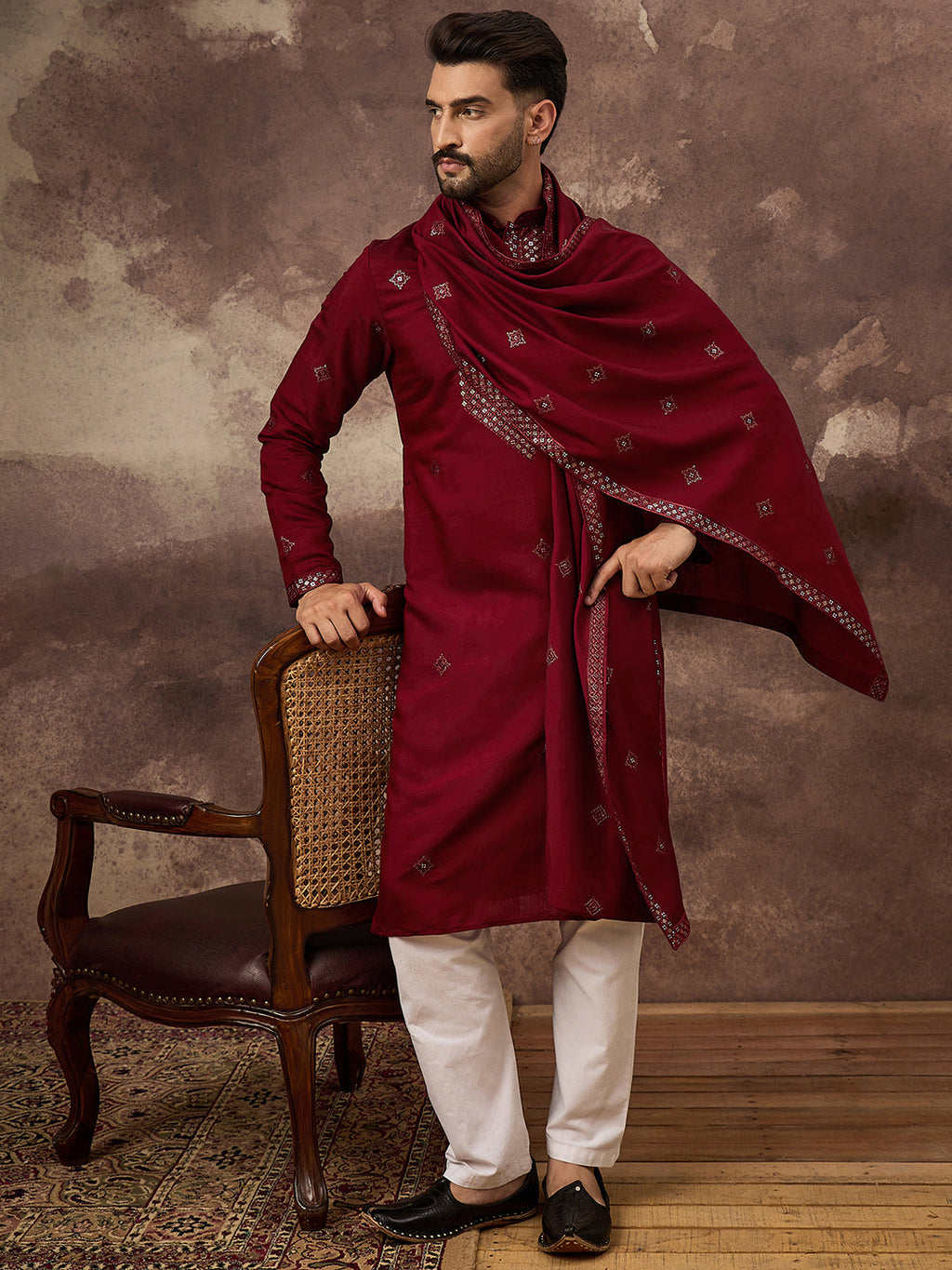 Men Maroon Silk Blend Solid Embroidered Straight Kurta with Dupatta-MKUD1005