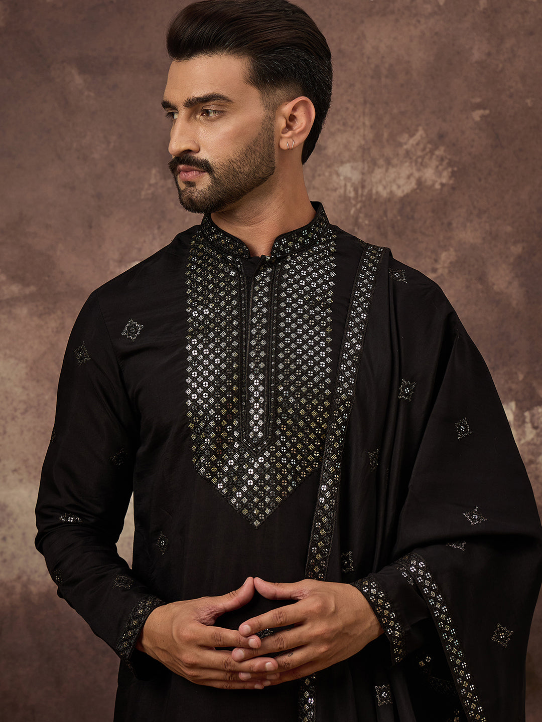 Men Black Silk Blend Solid Embroidered Straight Kurta with Dupatta-MKUD1006