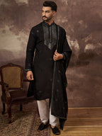 Men Black Silk Blend Embroidered Straight Kurta Trouser with Dupatta-MKPD1006