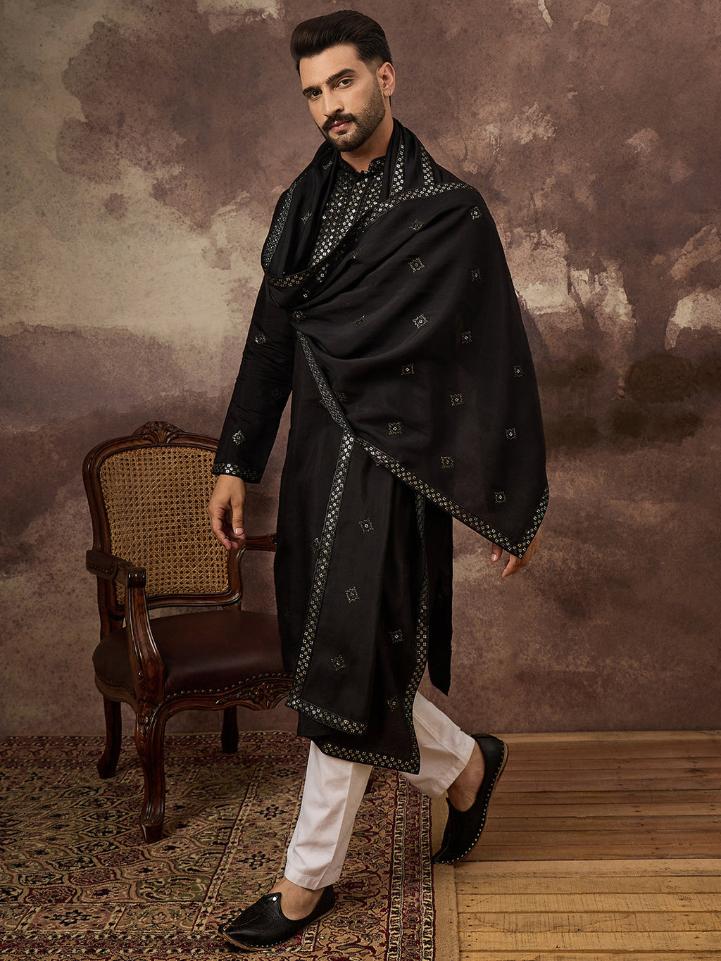 Men Black Silk Blend Embroidered Straight Kurta Trouser with Dupatta-MKPD1006
