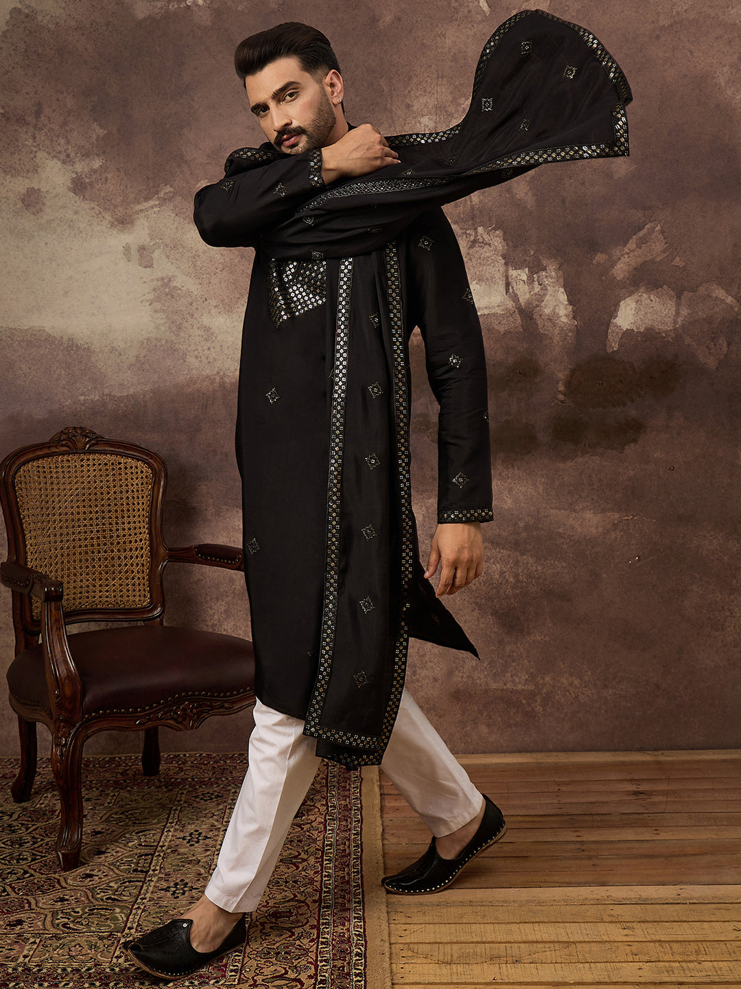 Men Black Silk Blend Embroidered Straight Kurta Trouser with Dupatta-MKPD1006