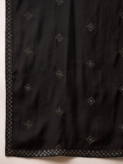Men Black Silk Blend Solid Embroidered Straight Kurta with Dupatta-MKUD1006