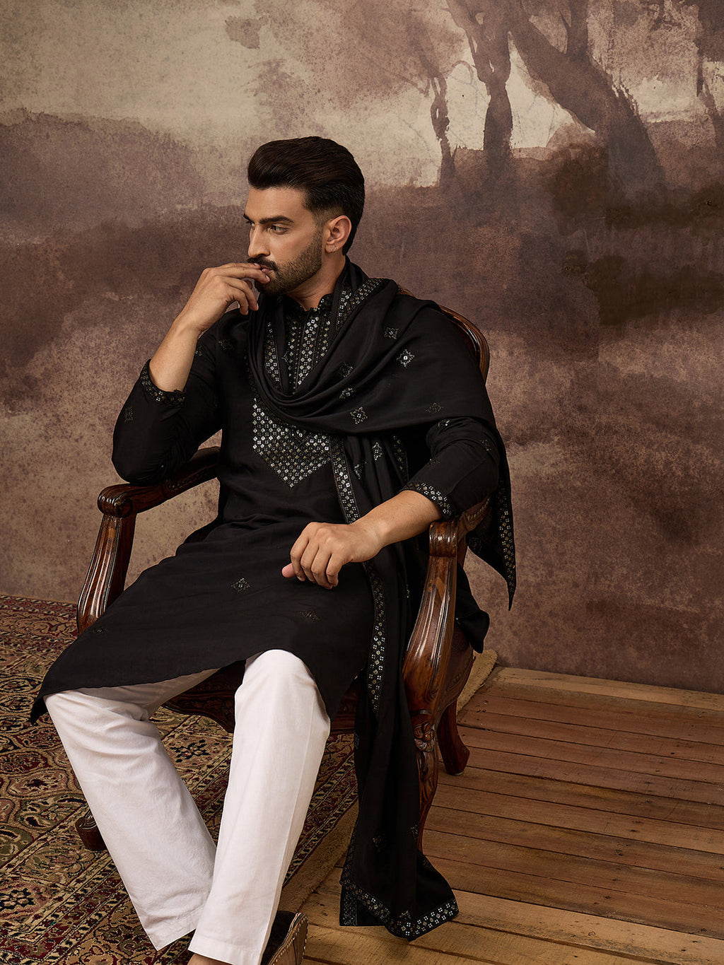Men Black Silk Blend Embroidered Straight Kurta Trouser with Dupatta-MKPD1006
