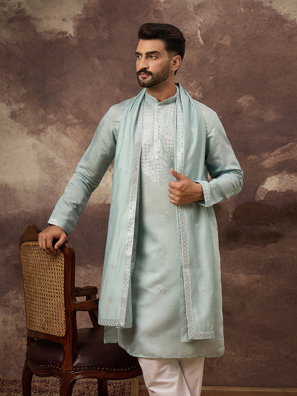 Men Blue Silk Blend Solid Embroidered Straight Kurta with Dupatta-MKUD1007