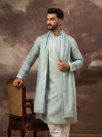 Men Blue Silk Blend Solid Embroidered Straight Kurta with Dupatta-MKUD1007