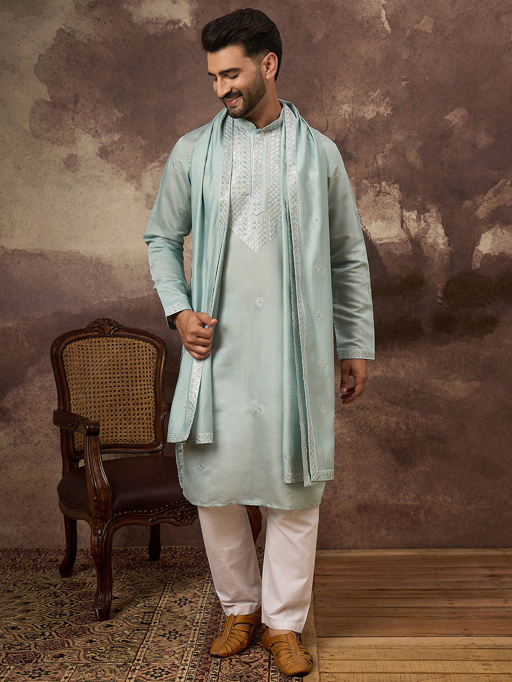 Men Blue Silk Blend Embroidered Straight Kurta Trouser with Dupatta-MKPD1007
