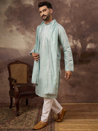 Men Blue Silk Blend Solid Embroidered Straight Kurta with Dupatta-MKUD1007