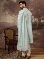 Men Blue Silk Blend Solid Embroidered Straight Kurta with Dupatta-MKUD1007