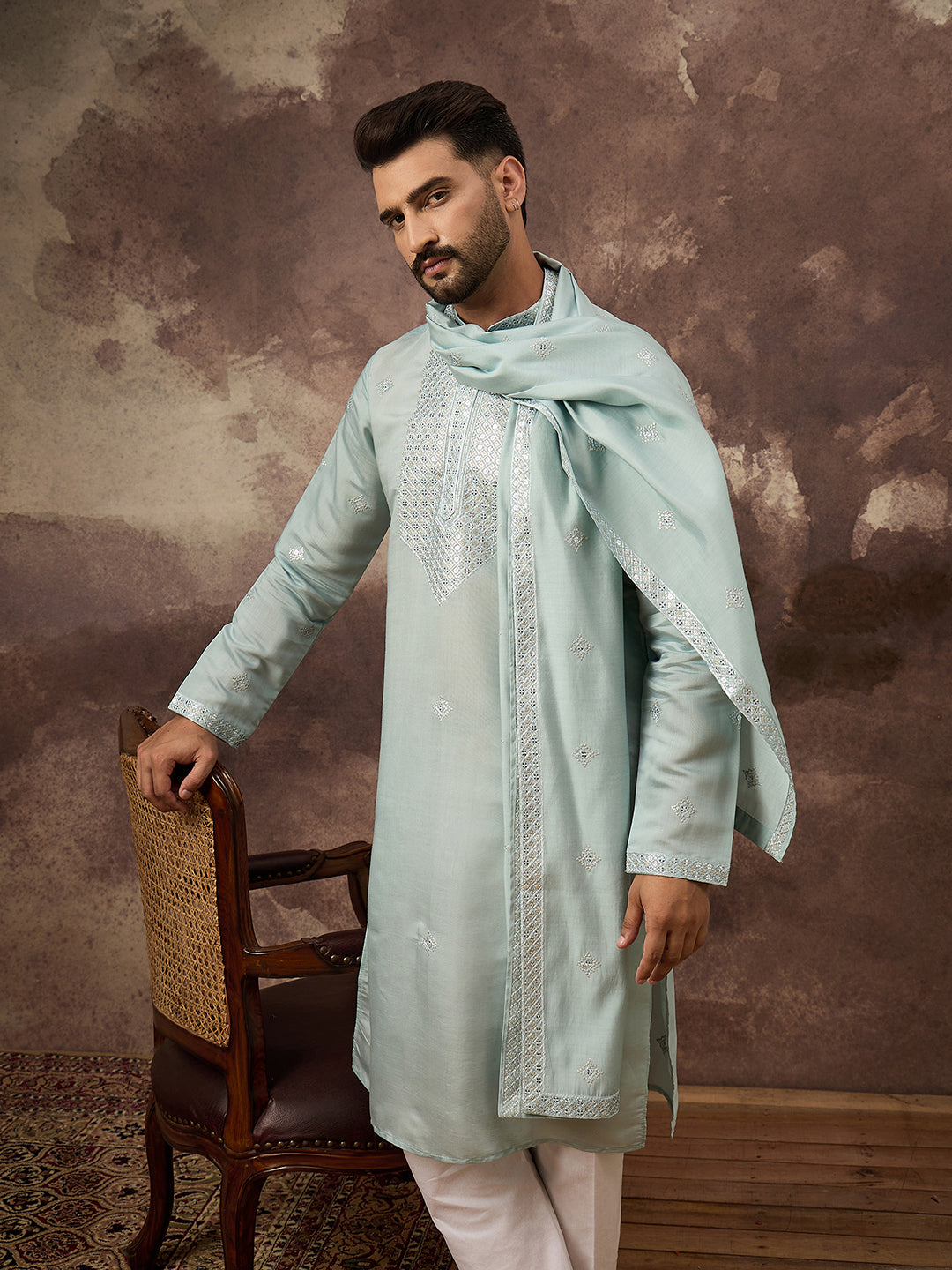 Men Blue Silk Blend Solid Embroidered Straight Kurta with Dupatta-MKUD1007
