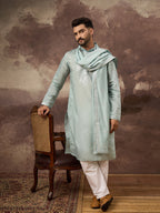 Men Blue Silk Blend Solid Embroidered Straight Kurta with Dupatta-MKUD1007