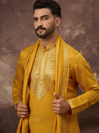 Men Yellow Silk Blend Embroidered Straight Kurta Trouser with Dupatta-MKPD1008