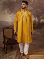 Men Yellow Silk Blend Embroidered Straight Kurta Trouser with Dupatta-MKPD1008