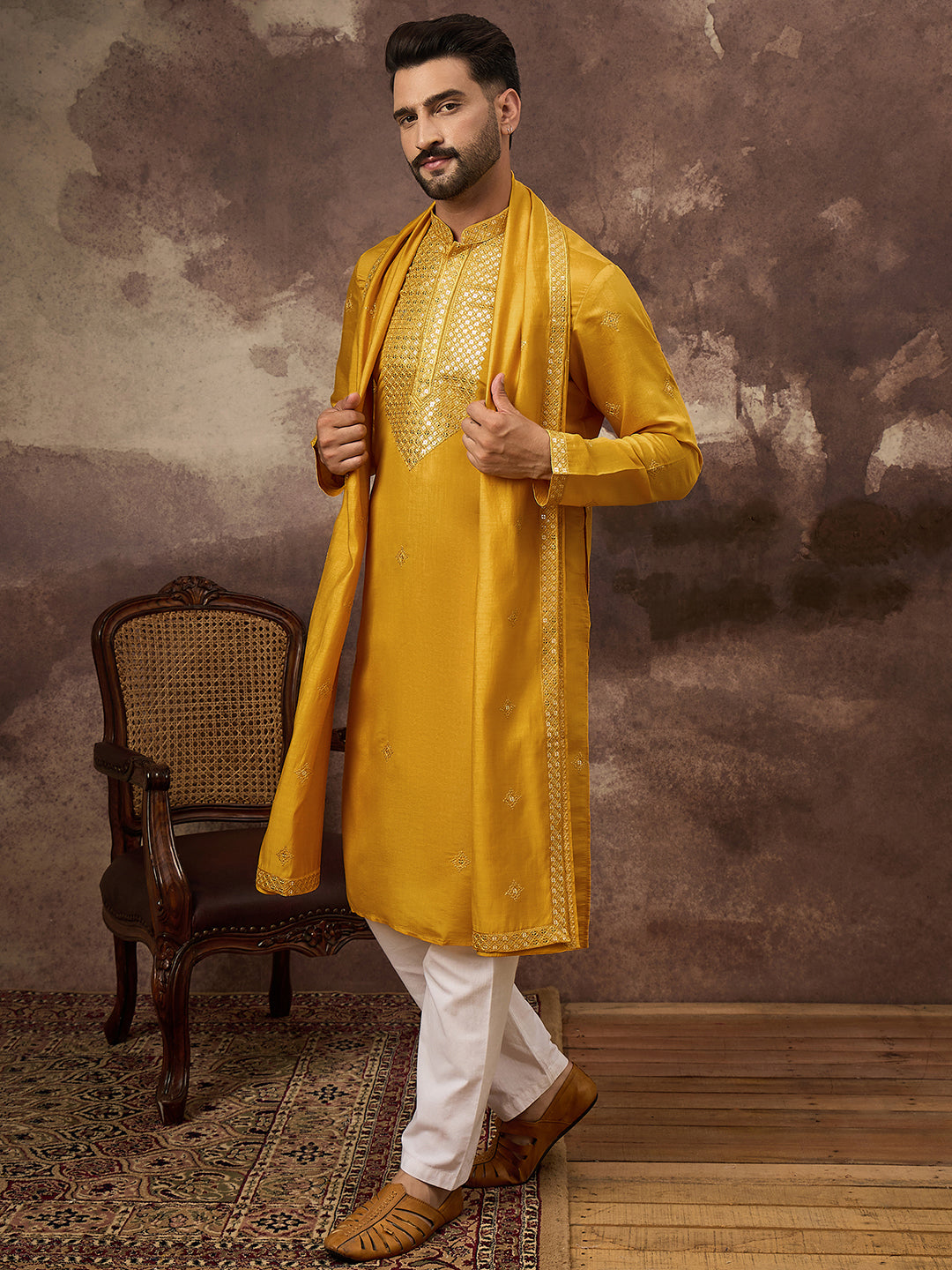 Men Yellow Silk Blend Embroidered Straight Kurta Trouser with Dupatta-MKPD1008