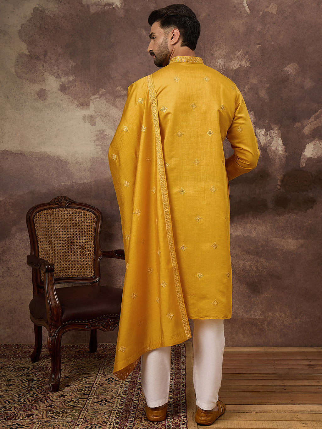 Men Yellow Silk Blend Embroidered Straight Kurta Trouser with Dupatta-MKPD1008