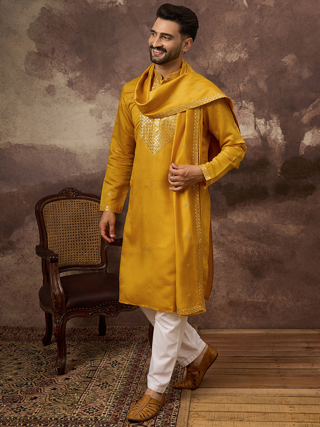 Men Yellow Silk Blend Embroidered Straight Kurta Trouser with Dupatta-MKPD1008