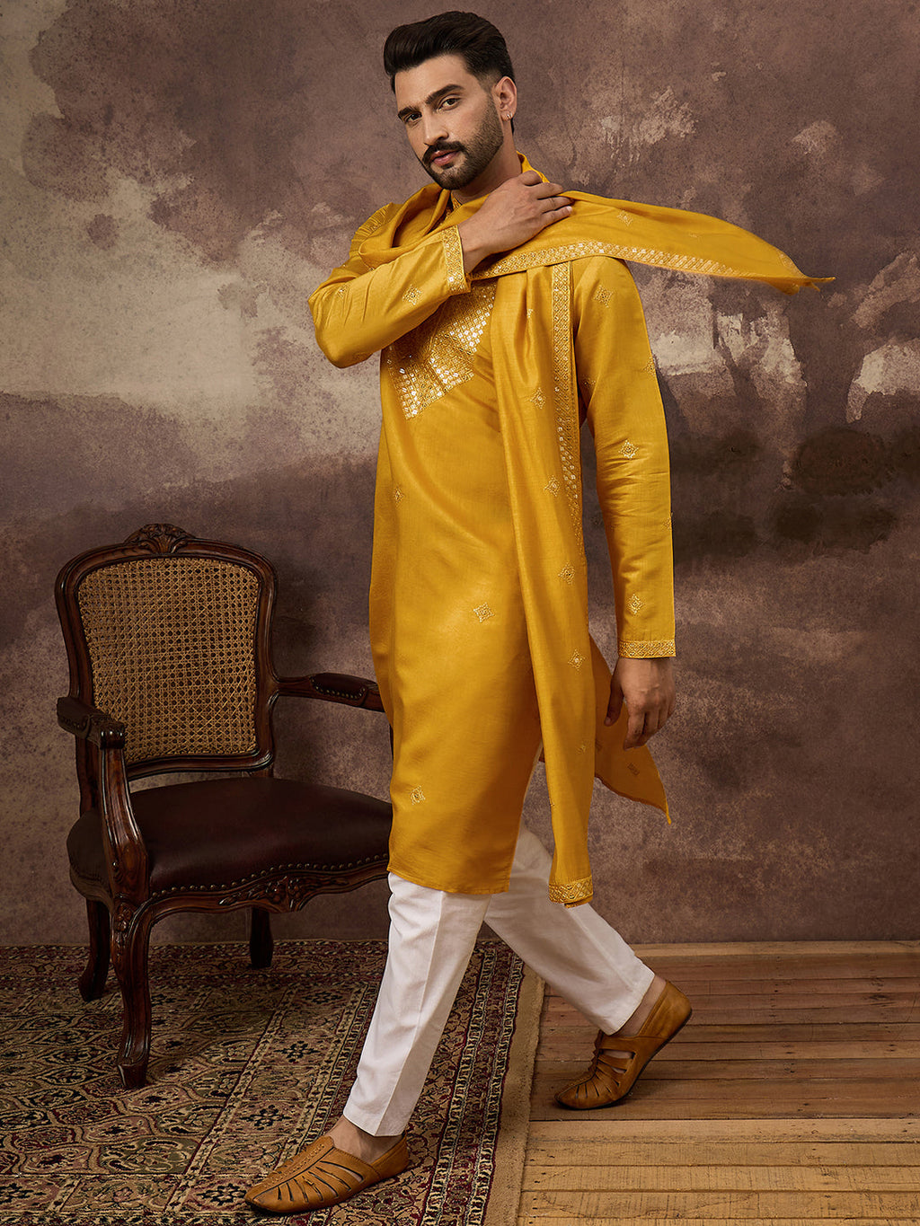 Men Yellow Silk Blend Solid Embroidered Straight Kurta with Dupatta-MKUD1008
