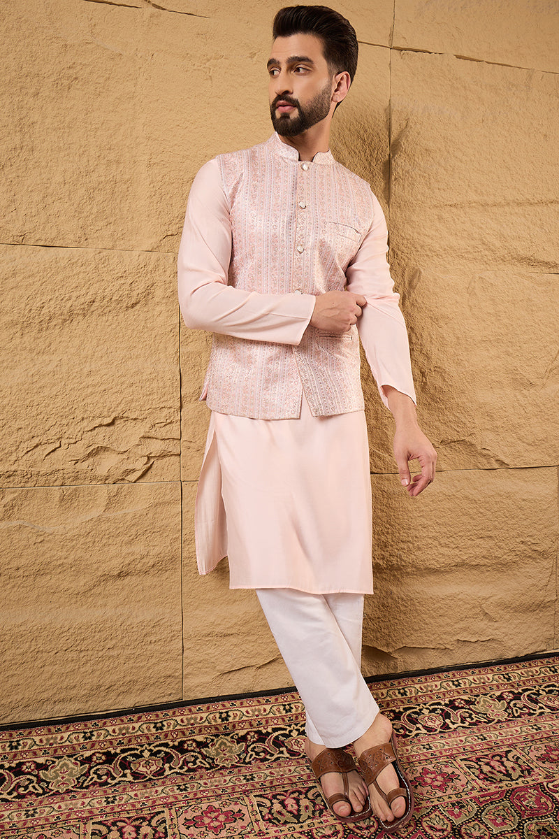 Pink Silk Blend Woven Design Mandarin Collar Koti MKOT1013