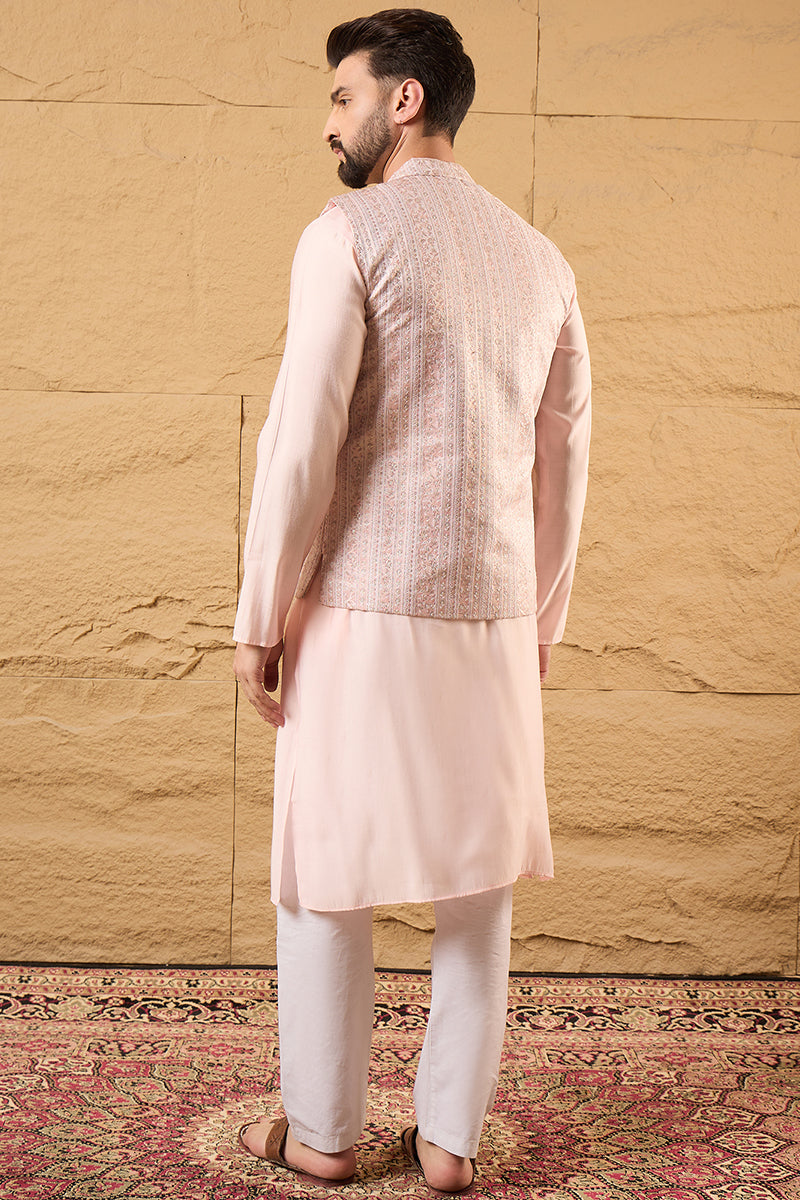 Pink Silk Blend Woven Design Mandarin Collar Koti MKOT1013