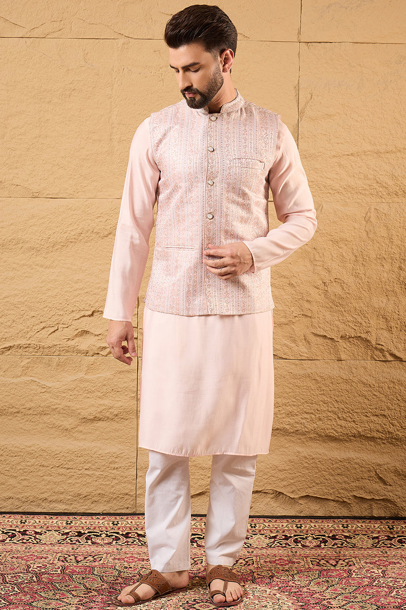 Pink Silk Blend Woven Design Mandarin Collar Koti MKOT1013