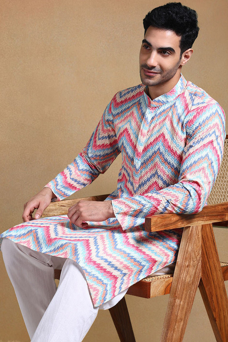 Pink Viscose Rayon Chevron Printed Straight Kurta with Trousers MKSET1008PNK