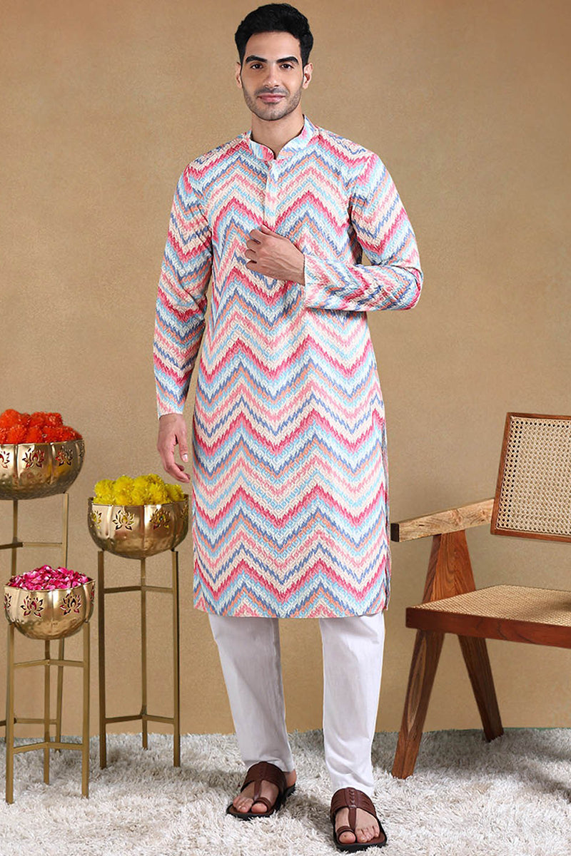 Pink Viscose Rayon Chevron Printed Straight Kurta with Trousers MKSET1008PNK