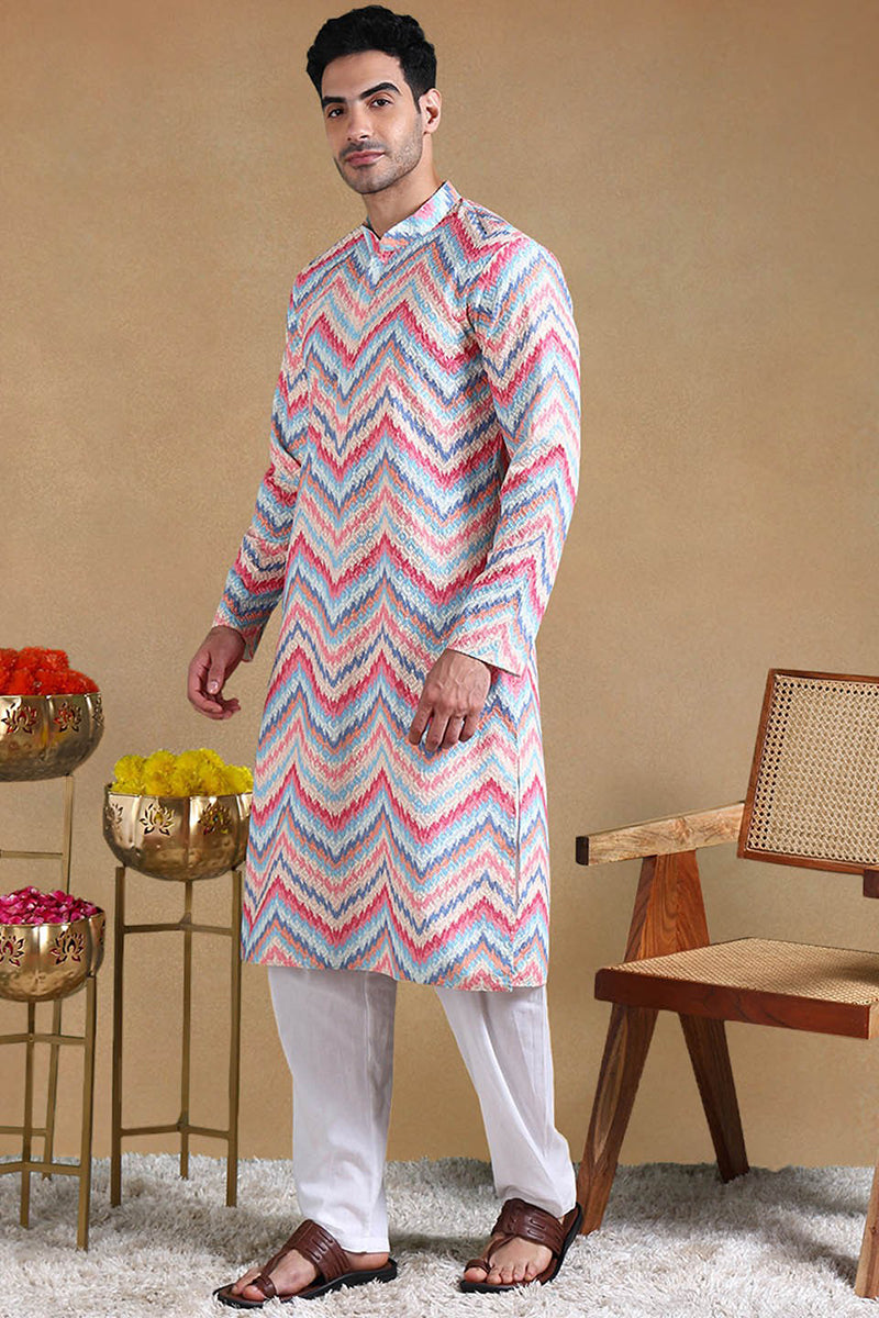 Pink Viscose Rayon Chevron Printed Straight Kurta with Trousers MKSET1008PNK