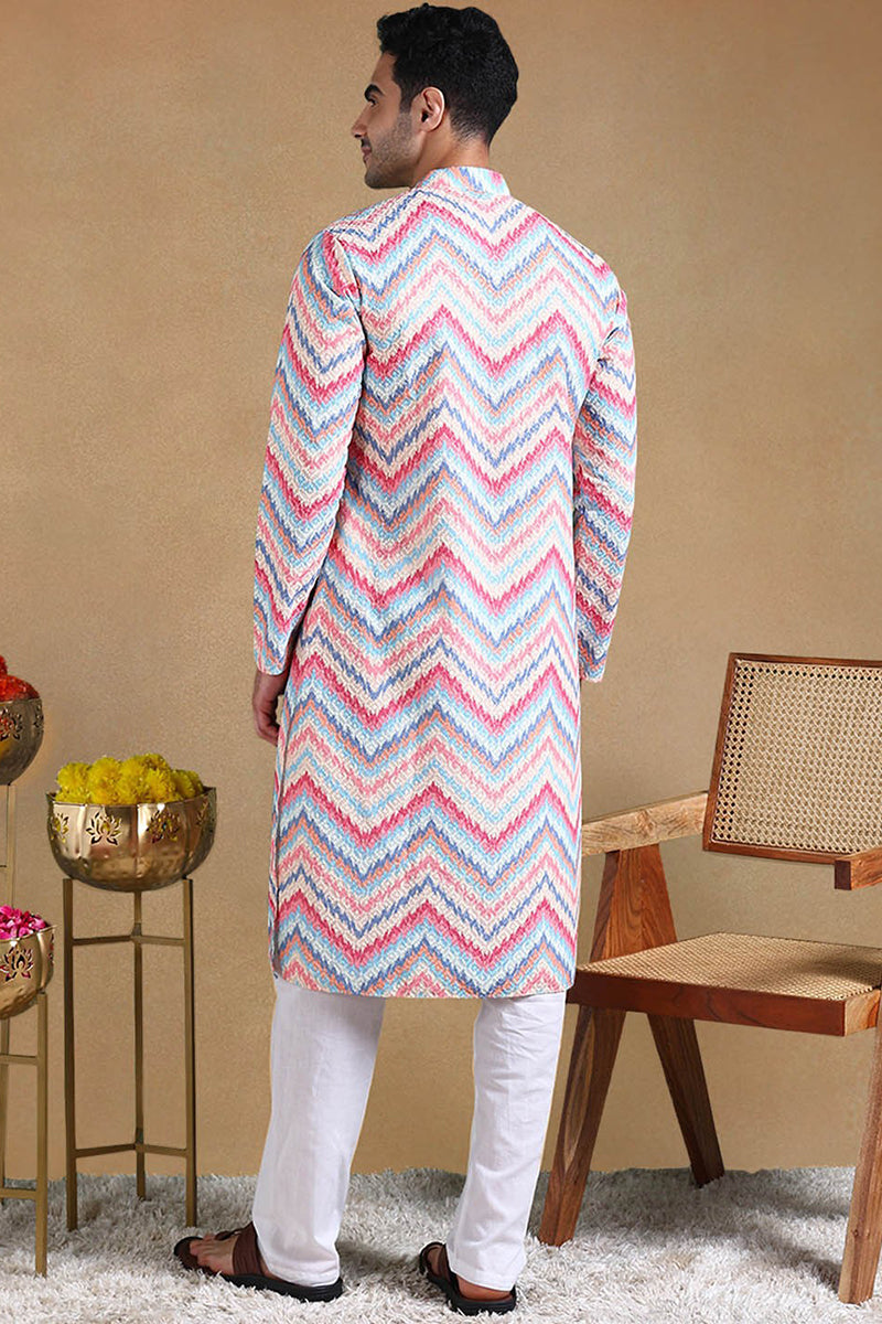 Pink Viscose Rayon Chevron Printed Straight Kurta with Trousers MKSET1008PNK